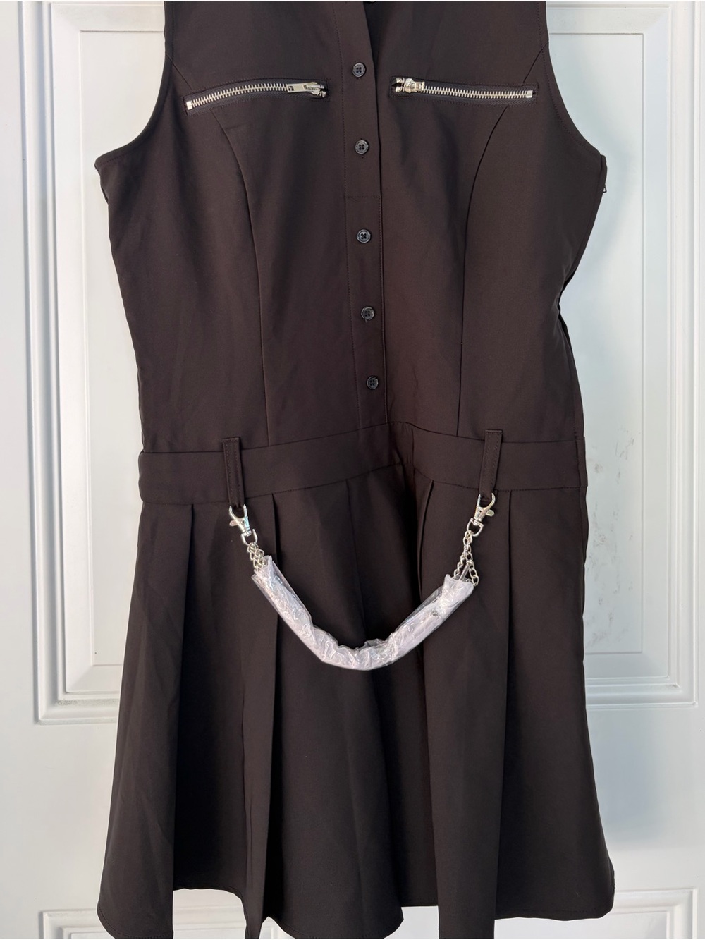 Sleeveless Black Button-Front Mini Dress with Silver Zippers - Picture 5 of 6